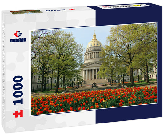 The West Virginia State Capitol looks beautiful surrounded by spring tulips in Charleston
