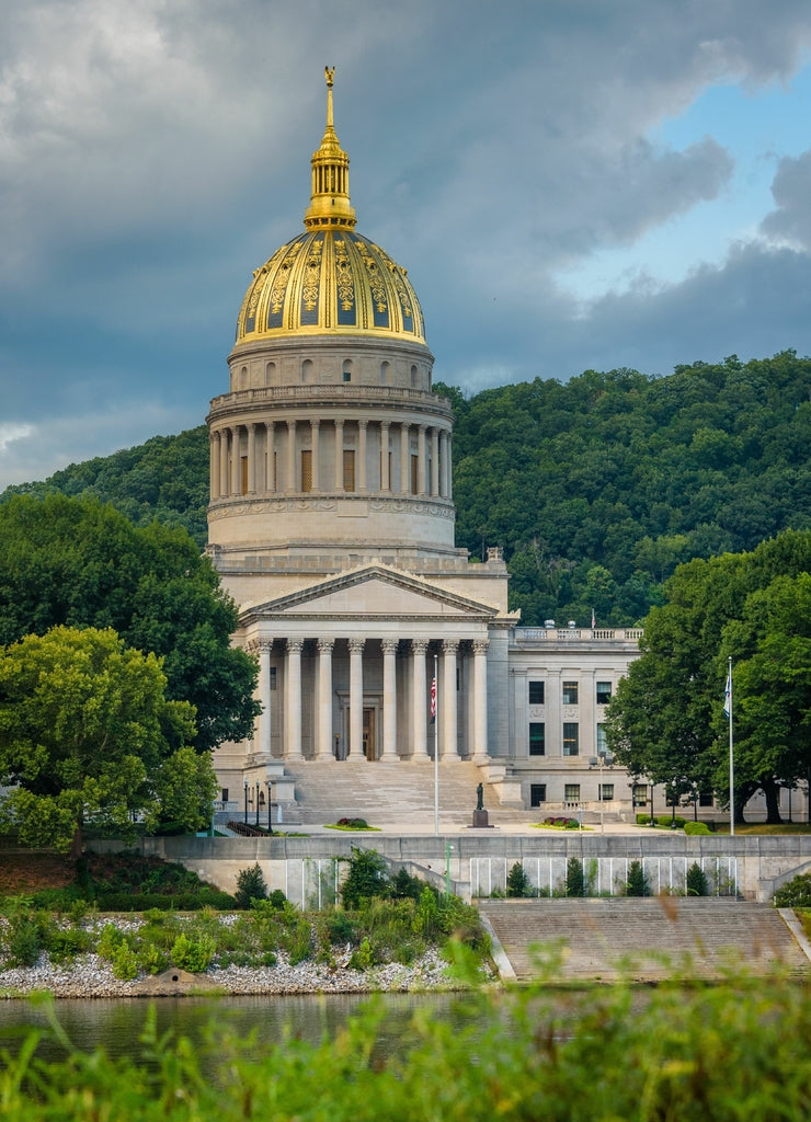 The West Virginia State Capitol and Kanawha River, in Charleston, West Virginia