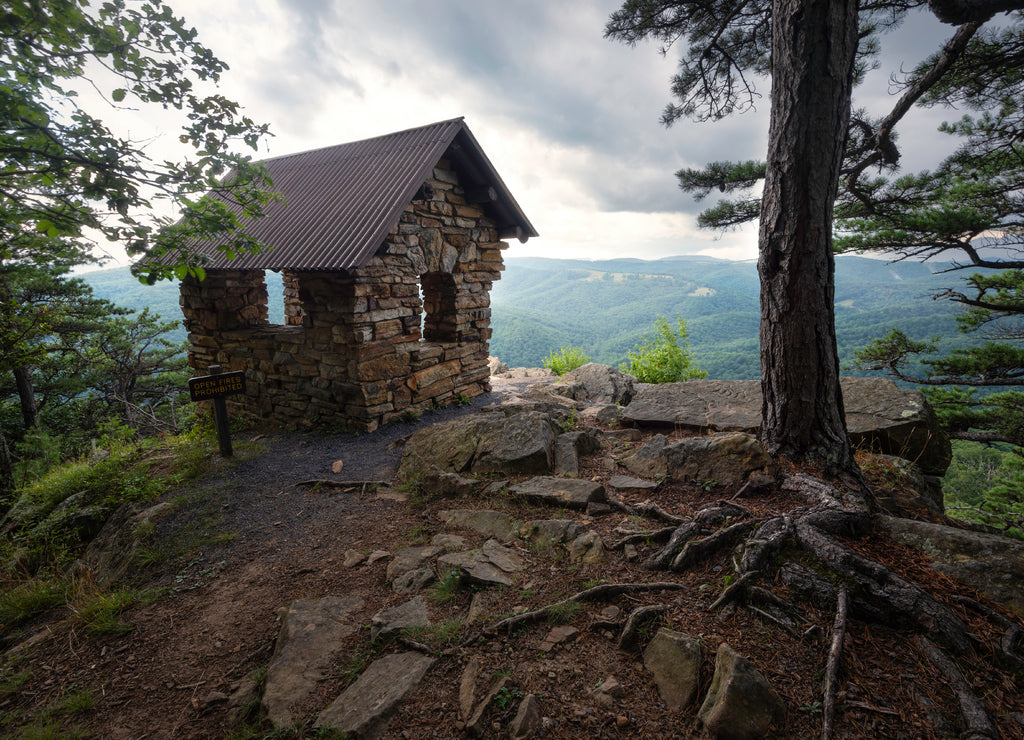 The small shelter of the Cranny Crow Overlook of Lost River State Park in West Virginia on a stormy afternoon. Rain showers were moving through the valley at the time of this photo