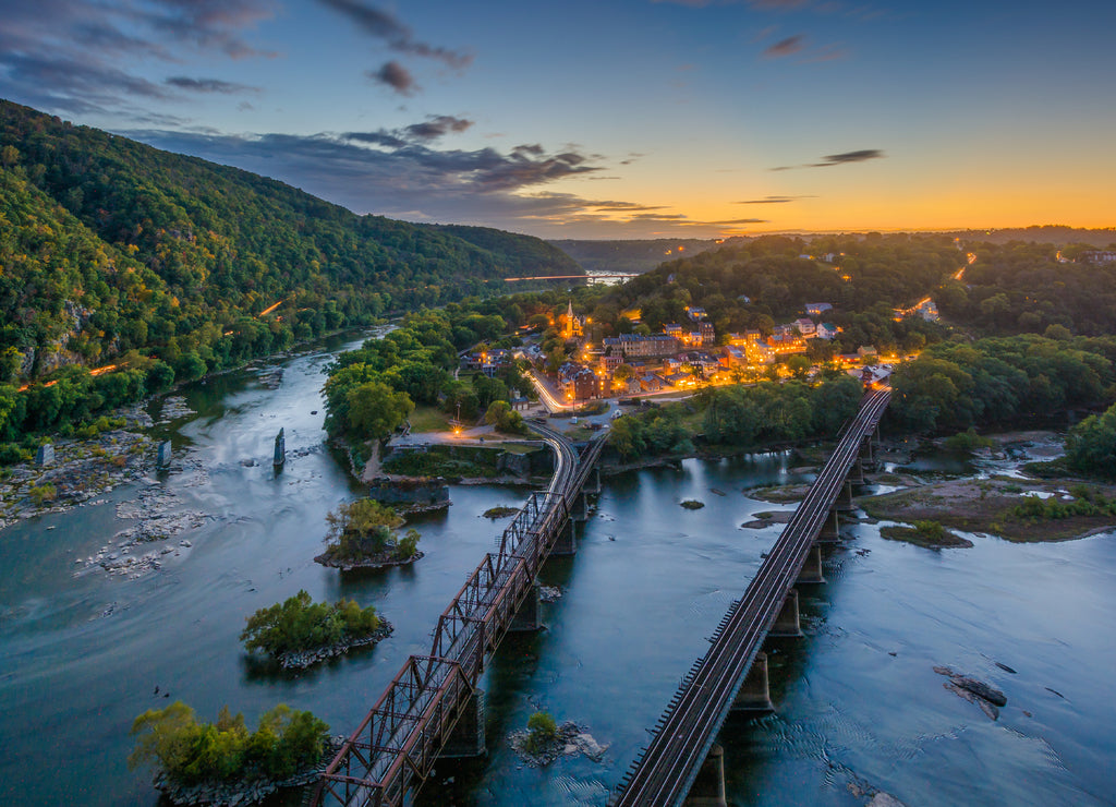 View of Harpers Ferry, West Virginia at sunset from Maryland Heights