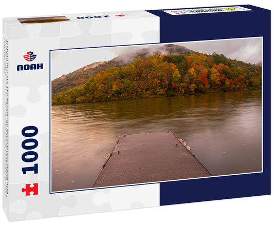 Fishing Pier On The Bluestone River Surrounded With Fall Foliage and Mountains, Bluestone State Park, West Virginia, USA