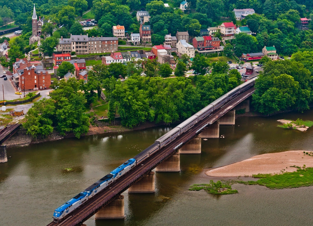 View of Amtrak Train from Maryland Heights, Harpers Ferry National Historical Park, West Virginia, USA