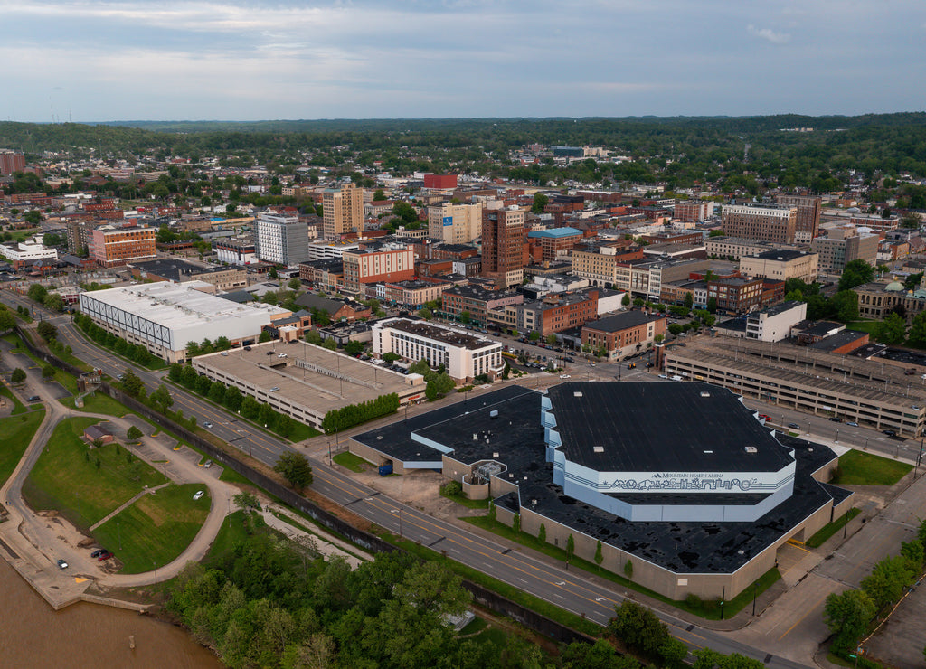 Aerial of Pullman Square, Civic & Convention Center - Downtown Huntington, West Virginia
