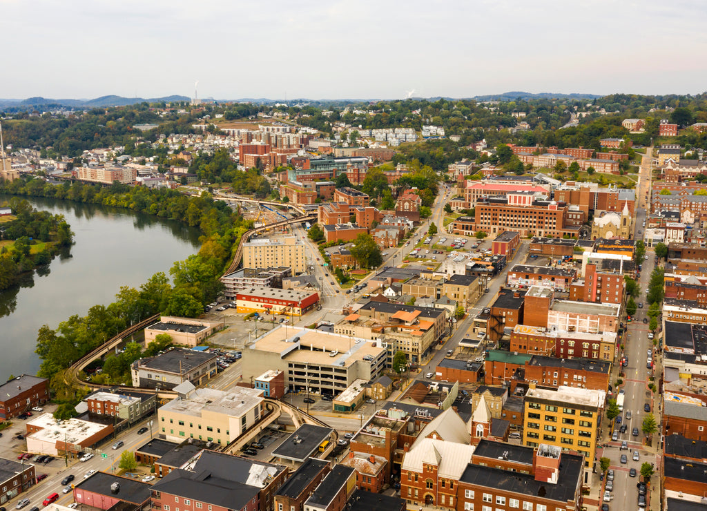 Aerial Perspective Over The Riverfront Downtown City Center Morgantown West Virginia