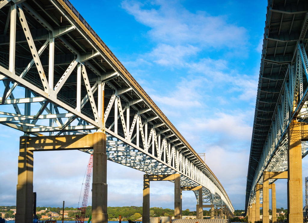 Gold Star Memorial Bridges in New London, Connecticut. Two-lane highway bridges in diminishing perspective, low angle view