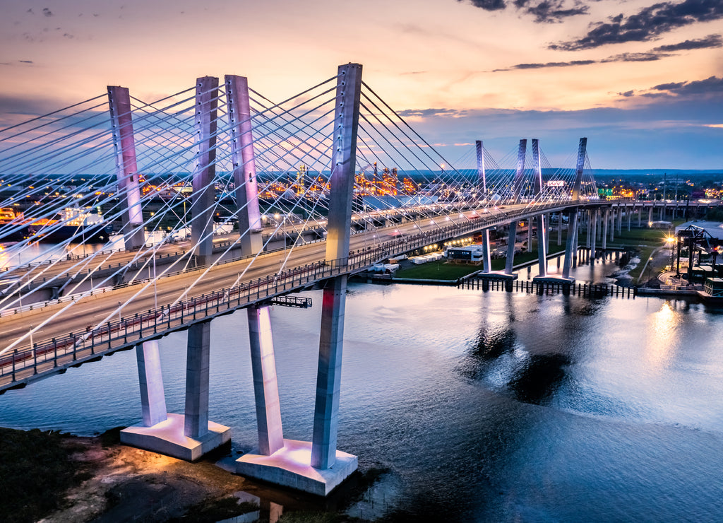 Aerial view of the New Goethals Bridge, spanning Arthur Kill strait between Elizabeth, New Jersey and Staten Island, New York. The New Goethals Bridge carries 6 lanes of I-278