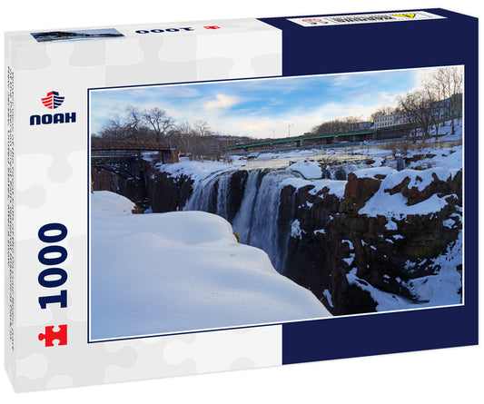 Winter view of the Great Falls of the Passaic River, part of the Paterson Great Falls National Historical Park in New Jersey, United States, after a snow 