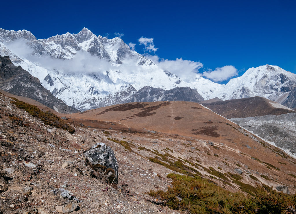 Lhotse 8516m mountain South Face - is 4th highest peak in the world. South Face - one of the most dangerous climbing routes. Everest Base Camp route near Chukhung settlement , Nepal