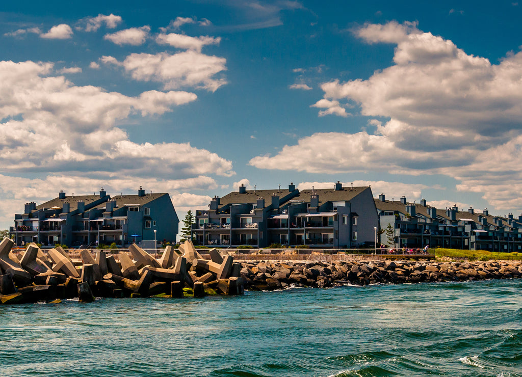 Waterfront condos and a jetty in Point Pleasant Beach, New Jersey