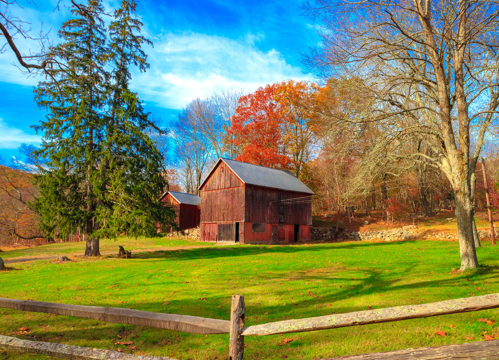 Trendition red wooden barn, Fall season in New York, USA