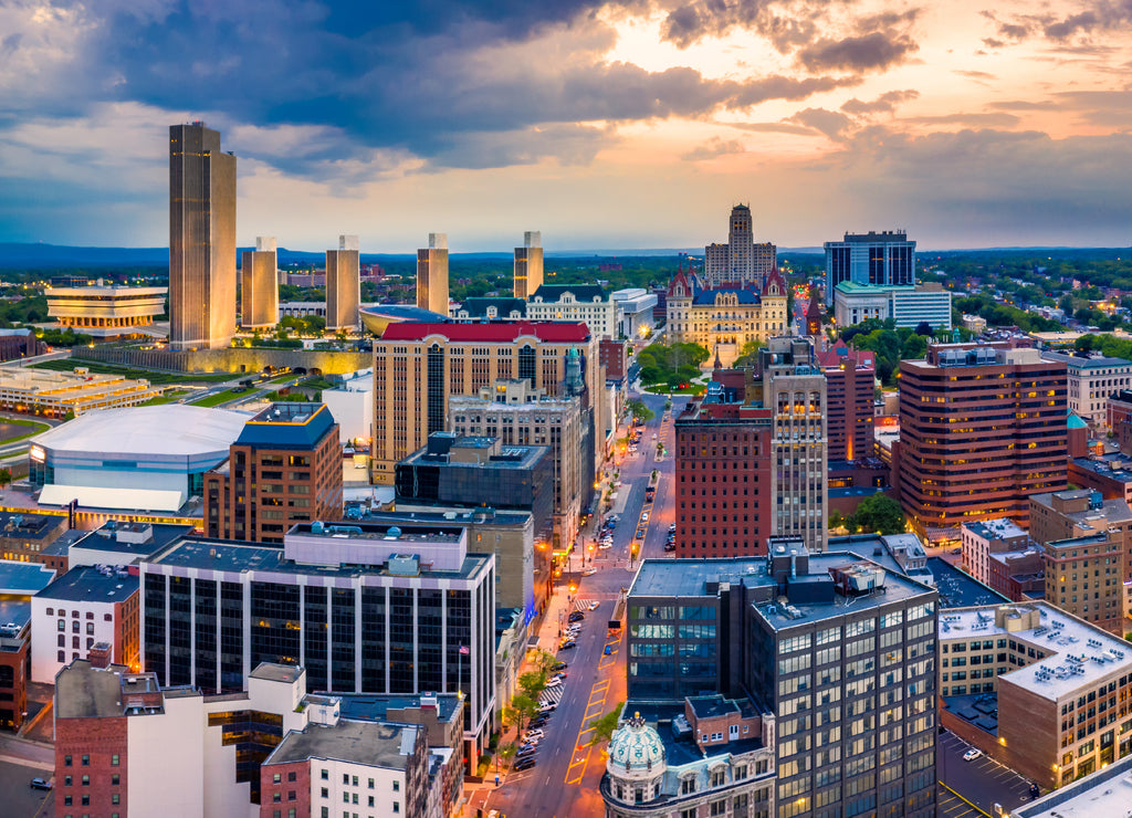 Aerial panorama of Albany, New York downtown along State street, at dusk. Albany is the capital city of the U.S. state of New York and the county seat of Albany County