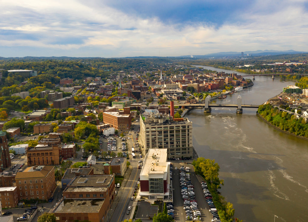 Aerial Perspective over Downtown Troy New York on the Hudson River