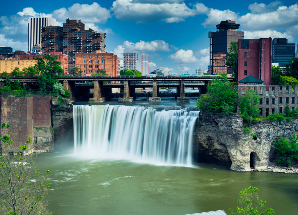 High Falls district in Rochester New York under cloudy summer skies