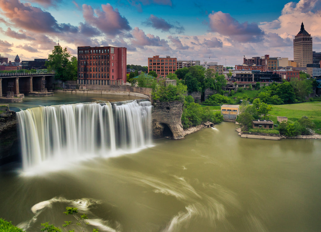 High Falls district in Rochester New York under cloudy summer skies