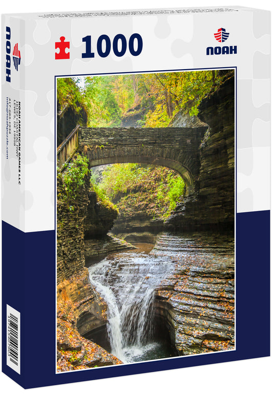 A stone bridge and waterfall in Watkins Glen State Park. It is located outside the village of Watkins Glen, south of Seneca Lake in Schuyler County in New York's Finger Lakes regio