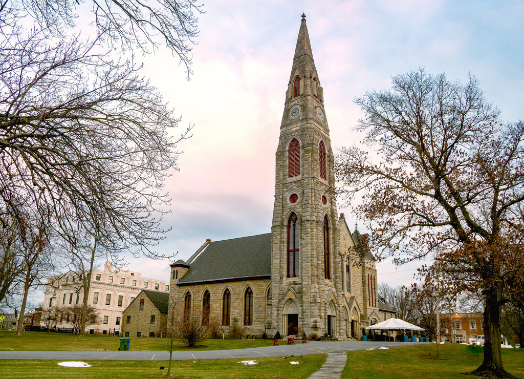 Goshen, New York: a landscape view of the historic First Presbyterian Church in Goshen. The church was built in 1871 and is the tallest structure in Orange County, New York