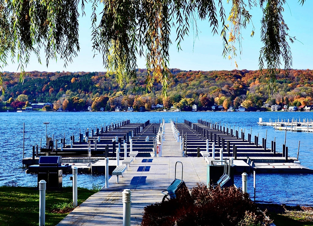 Marina pier with docks on Keuka Lake in Penn Yan, Finger Lakes region, New York