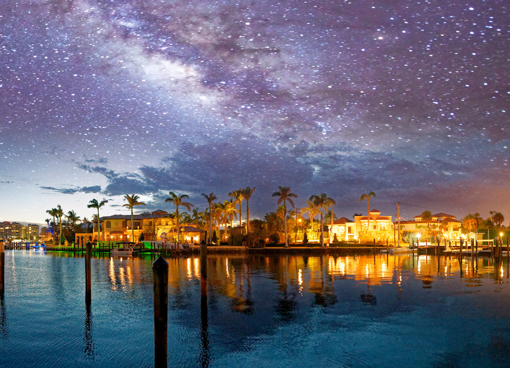 Boca Raton skyline and reflections on a starry night, Florida