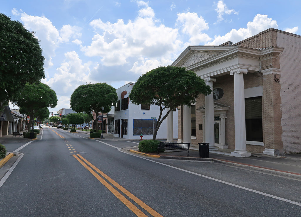Bars, restaurants, shops and buildings in historic downtown Lake City, Florida