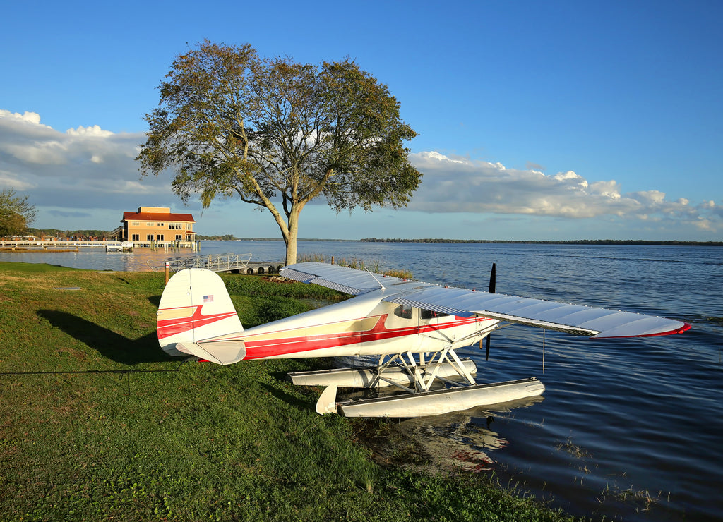 Seaplane parked and ready to takeoff at Wooten Park in Tavares, Florida, USA