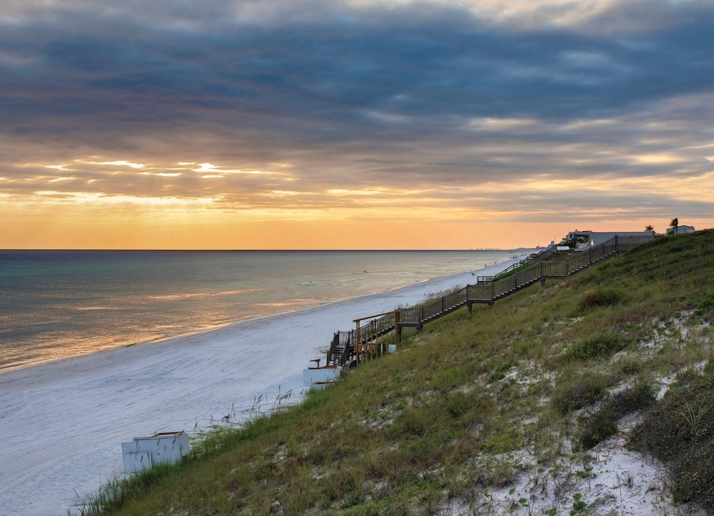 Beautiful sunset along the beaches of scenic hwy 30a in South Walton County, Florida, USA. Near Seaside, Rosemary beach, Alys beach
