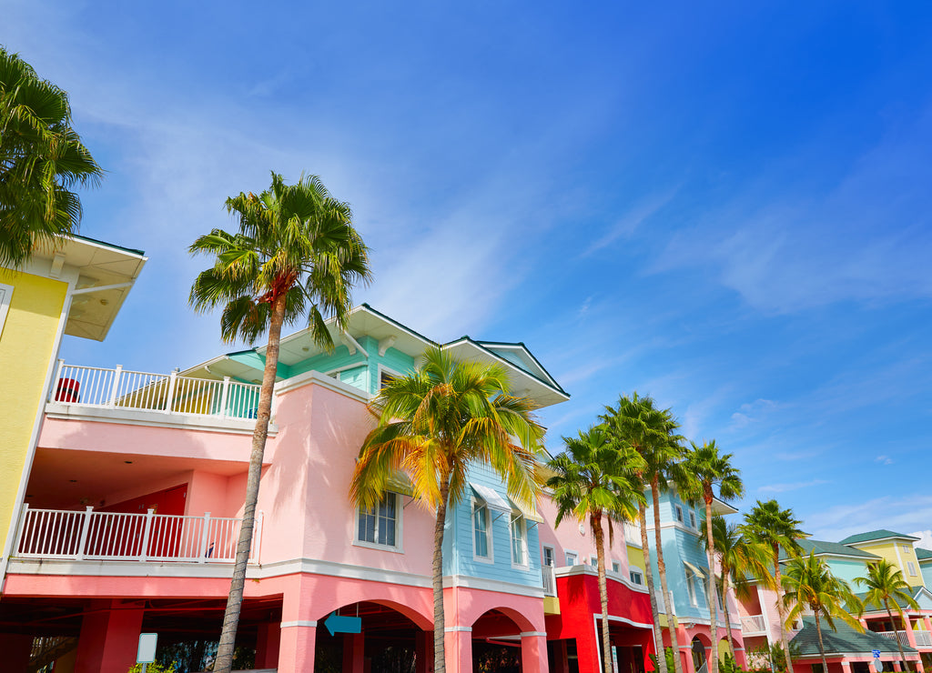 Florida Fort Myers colorful palm trees facades