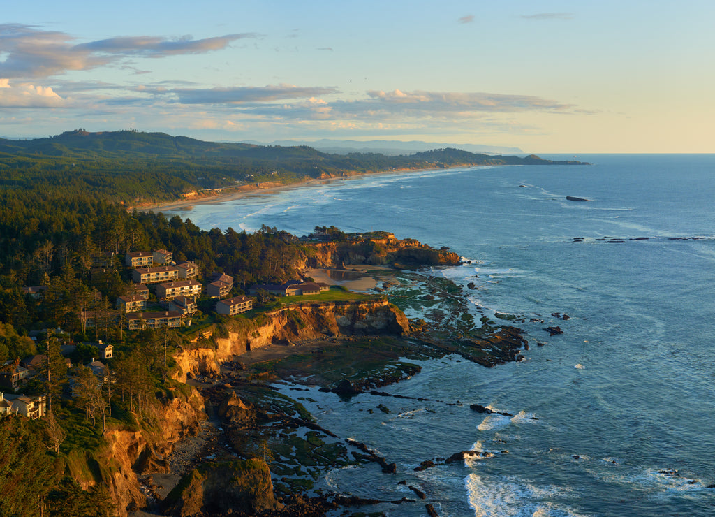 Panoramic view of the Oregon coastline at sunset near Lincoln City