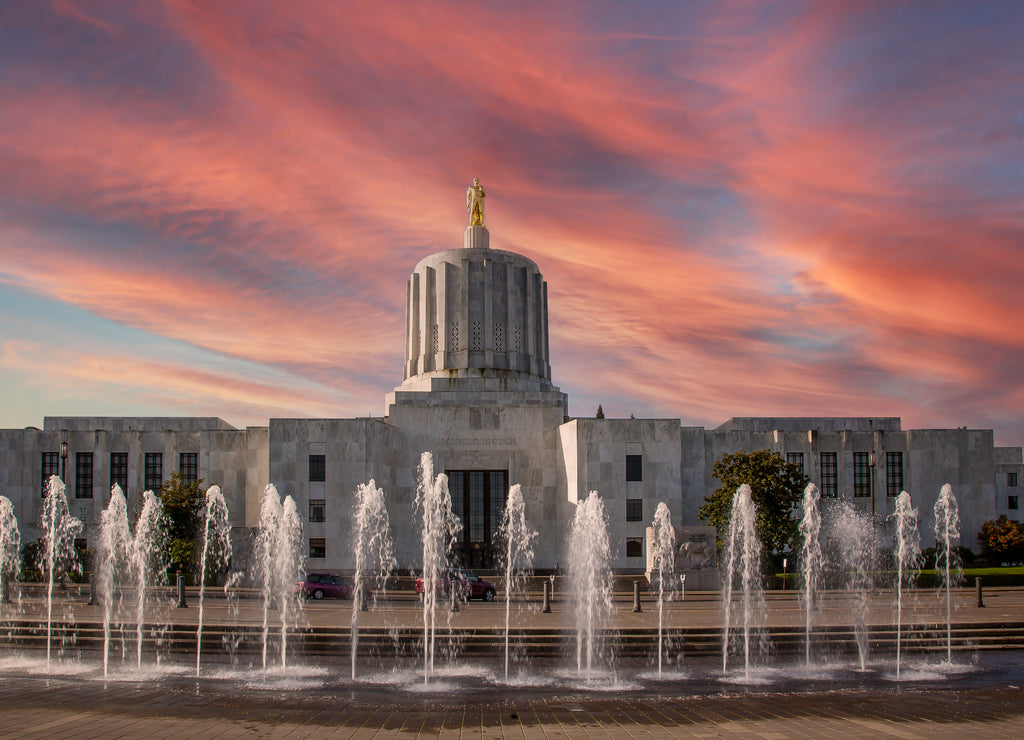 The Oregon State Capitol building at sunset Salem Oregon
