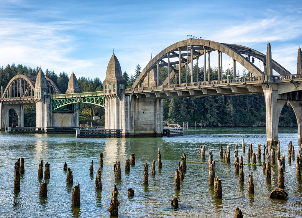 Siuslaw River Bridge from the Florence Marin withold wooden piles on foreground, Oregon USA