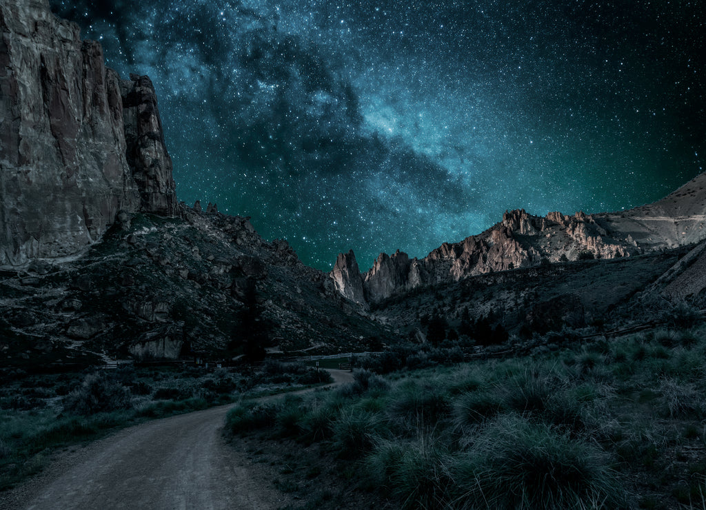 Smith Rock State Park under the starry night sky in Bend, Oregon, USA