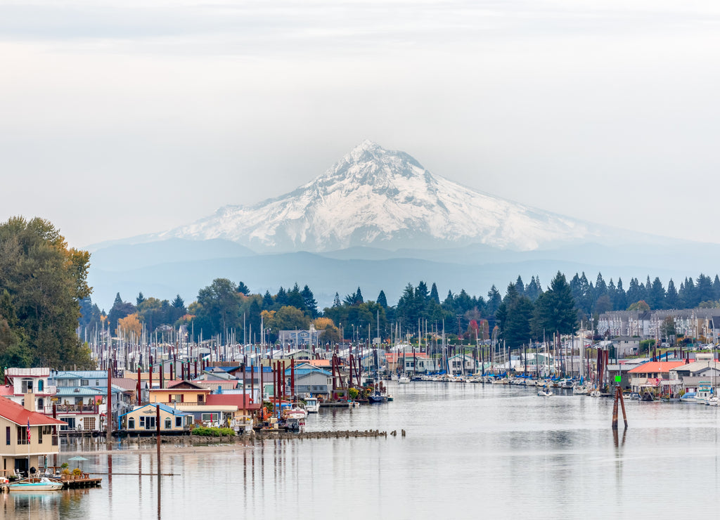 View of Mt. Hood and Portland Marina floating boat houses in Oregon