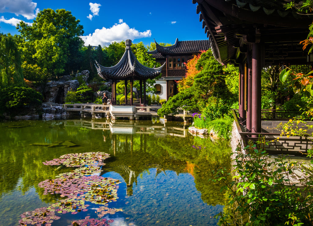 Pagoda and pond at the Lan Su Chinese Garden in Portland, Oregon