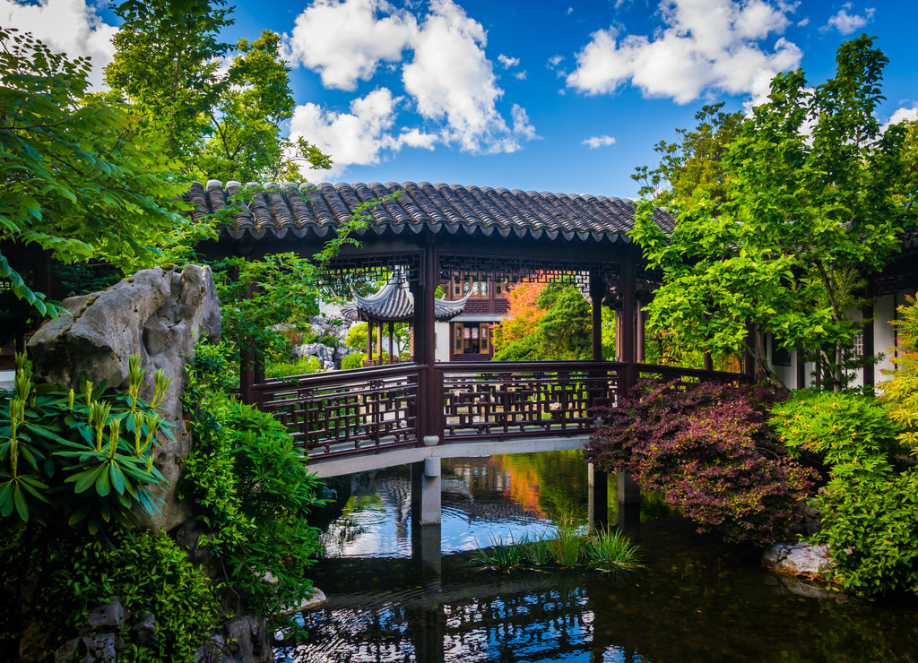 Bridge over a pond at the Lan Su Chinese Garden in Portland, Oregon