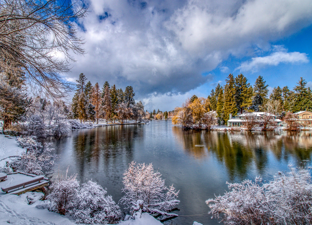 Winter Clouds Above Mirror Pond on Deschutes River in Bend, Oregon