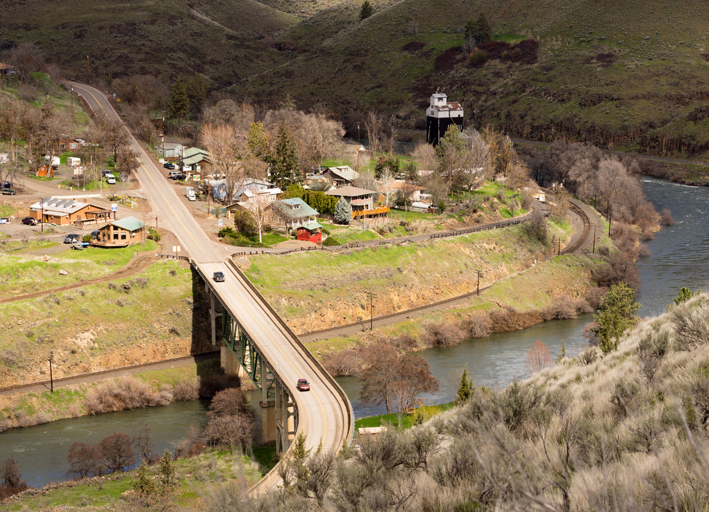 Maupin Oregon Downtown Aerial View Deschutes River Highway 197