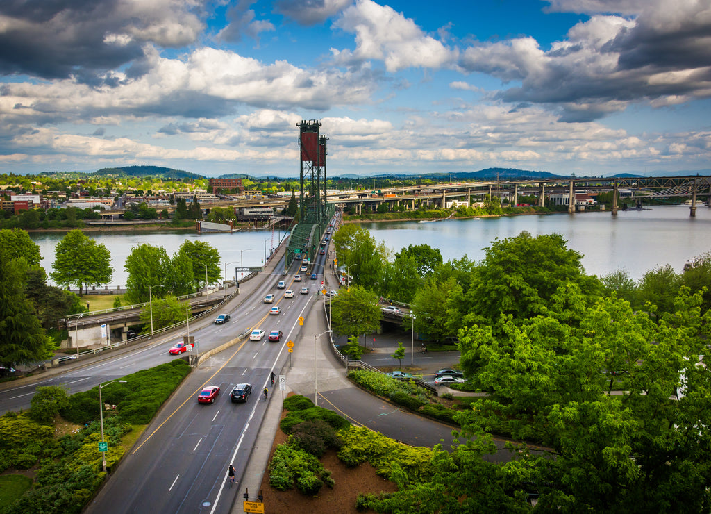 View of the Williamette River and Hawthorne Bridge, in Portland, Oregon
