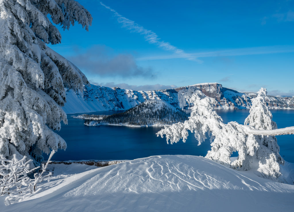 Winter Forest Crater Lake Snowy Mountain Landscape Photograph Oregon Pacific Northwest Mountain Trees