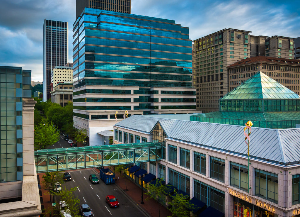 View of 4th Avenue and Pioneer Place in Portland, Oregon
