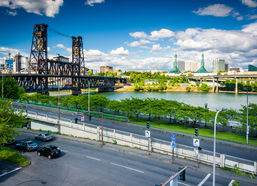 View of Naito Parkway and the Steel Bridge, in Portland, Oregon