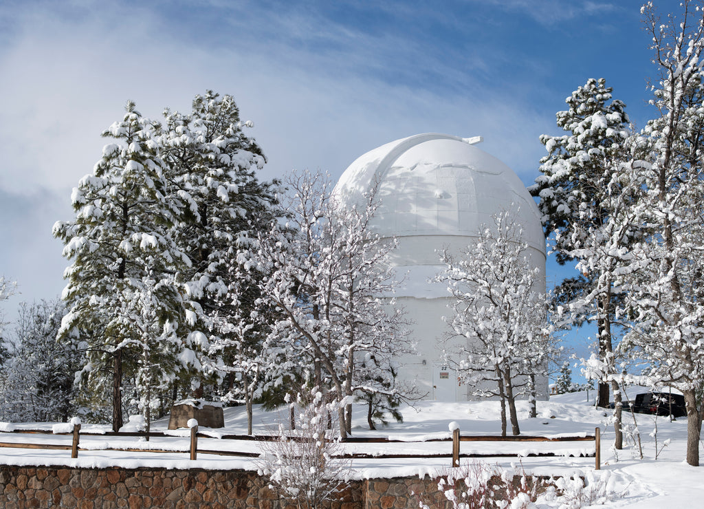 Snow covered Lowell Observatory, Flagstaff Arizona, bright sunny day
