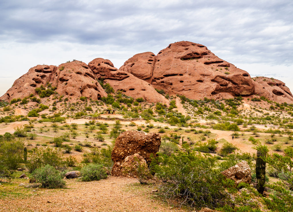 The red sandstone buttes of Papago Park, in the city of Tempe, Arizona in the United States of America