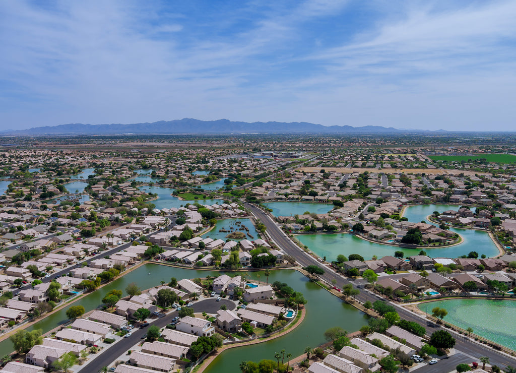 Overlooking view of a small town a Avondale in the desert of Arizona