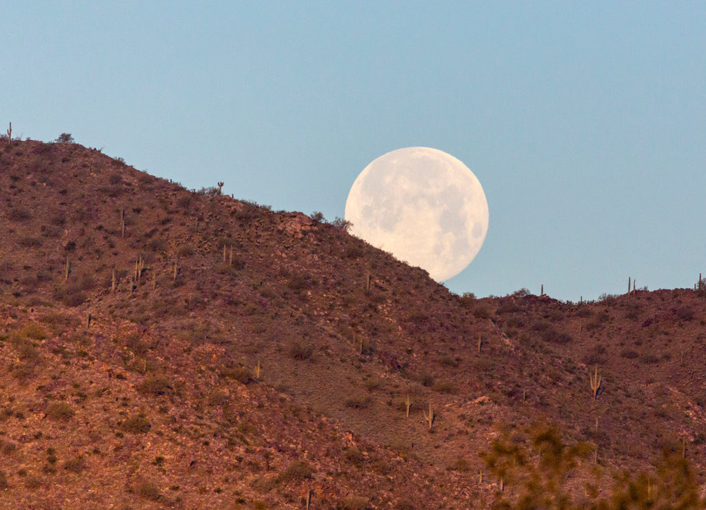USA, Arizona, Buckeye. Full moon setting over White Tanks Mountains