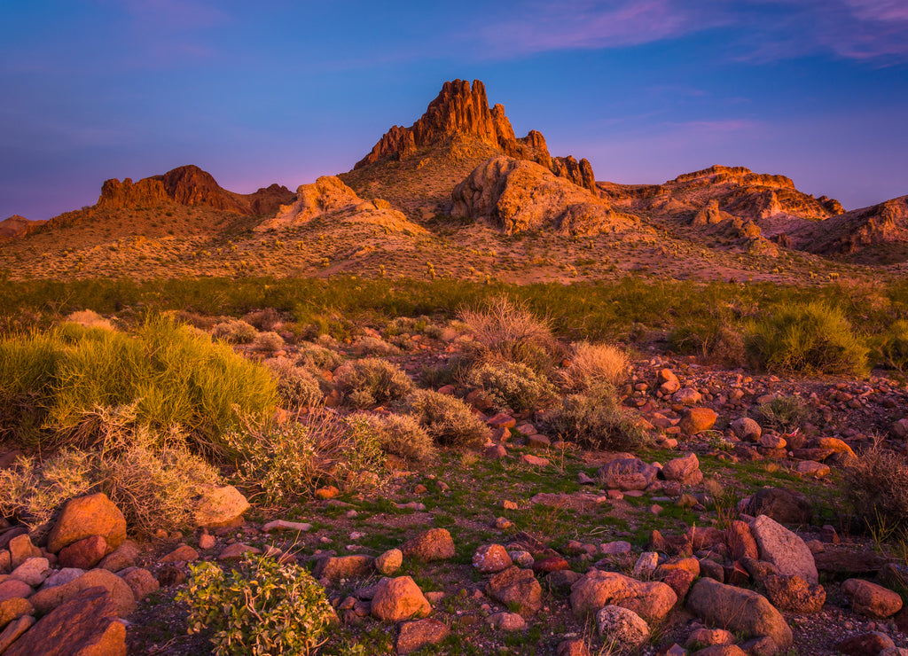 View of mountains in the desert at sunset near Oatman, Arizona