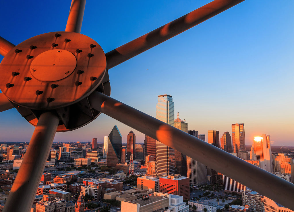 Dallas, Texas cityscape with blue sky at sunset