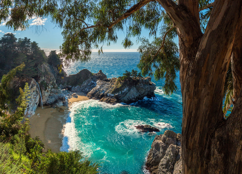 A panoramic view of McWay falls along the Big Sur coast of California