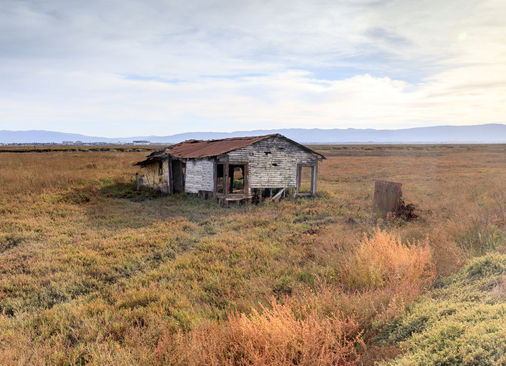 Abandoned building at Drawbridge, Don Edwards San Francisco Bay National Wildlife Refuge, Fremont, Alameda County, California