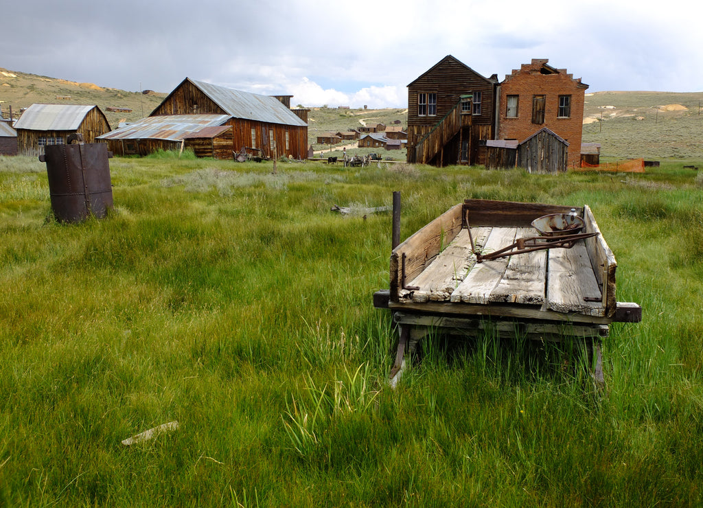 Abandoned Structures and a Cart at Bodie Gold Rush Town, Mono County, California