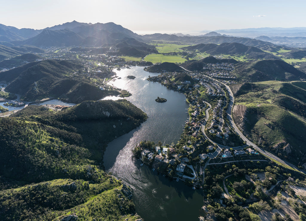 Aerial view of Lake Sherwood, Hidden Valley and the Santa Monica Mountains in Ventura County, California