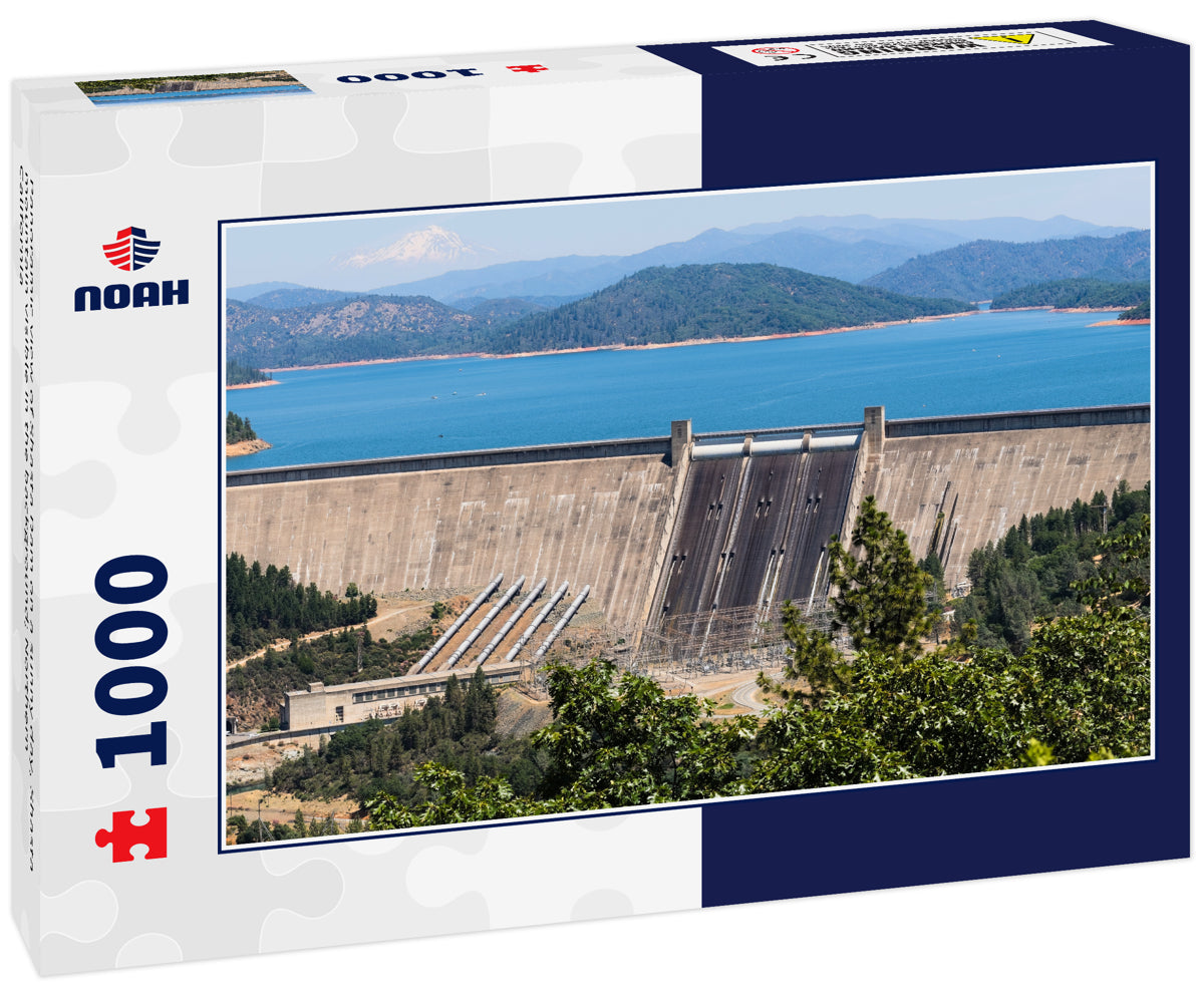 Panoramic view of Shasta Dam on a sunny day, Shasta mountain visible in the background; Northern California